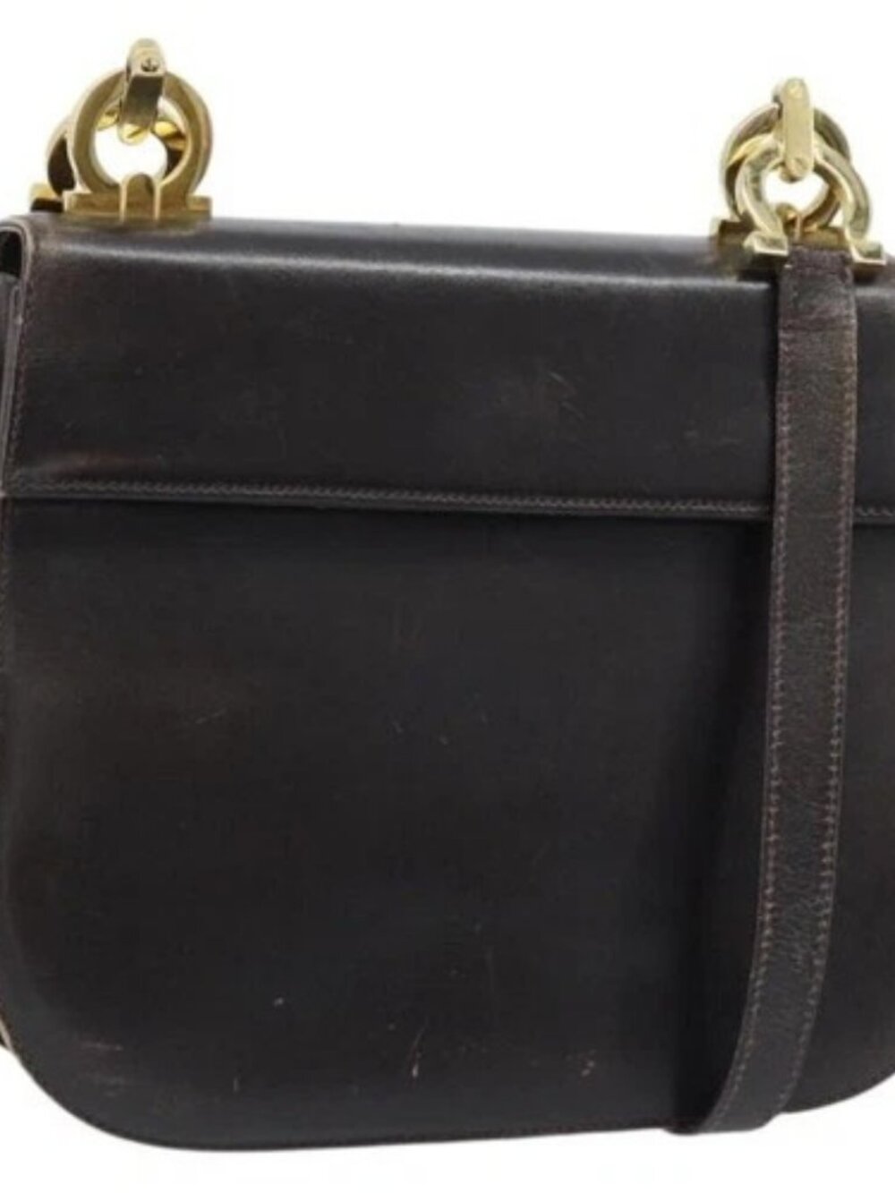 Salvatore Ferragamo Gancini Shoulder Bag Leather Dark Brown Gold Auth LNZ544